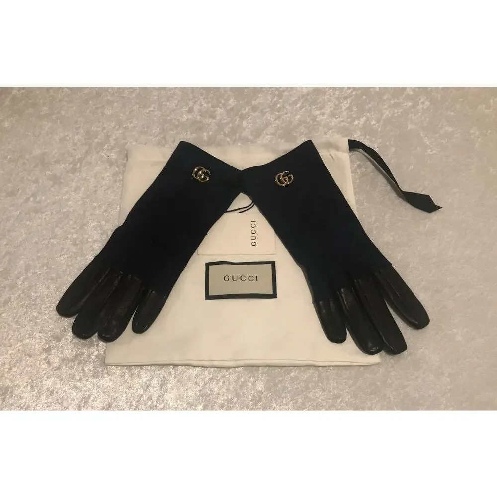 NWT Gucci Viola Blue Suede & Black Leather Marmont Logo Gloves Sz 7.5/M $630.00